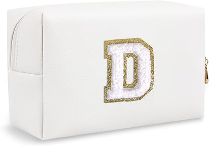 Personalized Chenille Letter Preppy Makeup Bag, Mini Cute White Travel Cosmetic Bag Initial Toiletry Zipper Pouch Monogram Makeup Bag, Waterproof Makeup Case Travel Essentials for Women Girl(Letter D)