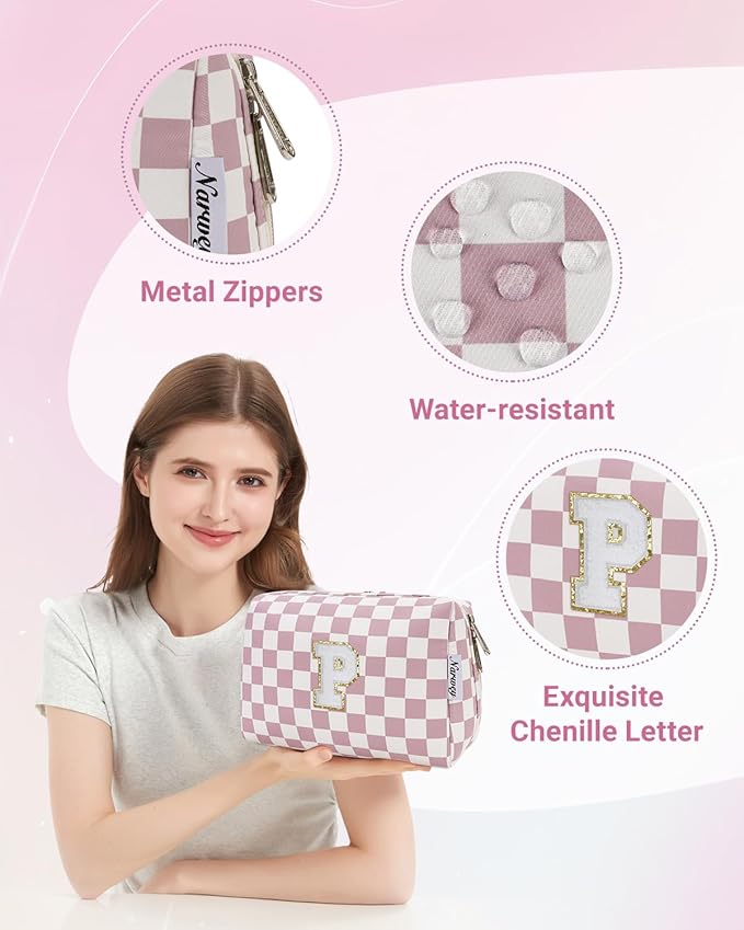 Narwey Birthday Gifts for Teen Girls Kids Women Personalized Initial Checkered Makeup Bag Pink Monogram Cosmetic Bag Trendy Stuff 6 8 10 11 12 13 14 16 18 Years Old Travel Toiletry Bag (Dusty Rose P)