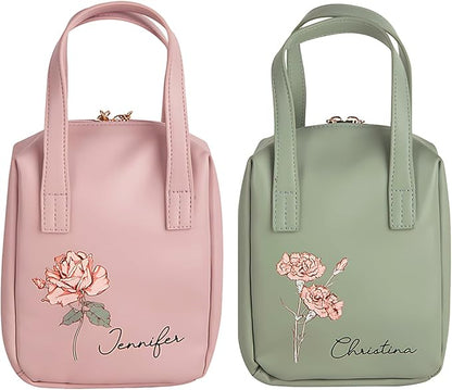 Custom Name Leather Makeup Bag Travel Toiletry Bag with Birth Flower Handle Personalized Make Up Storage Bags for Women Large Capacity Cosmetic Bag Organiser Vanity Case Womens Toiletries Wash Bags