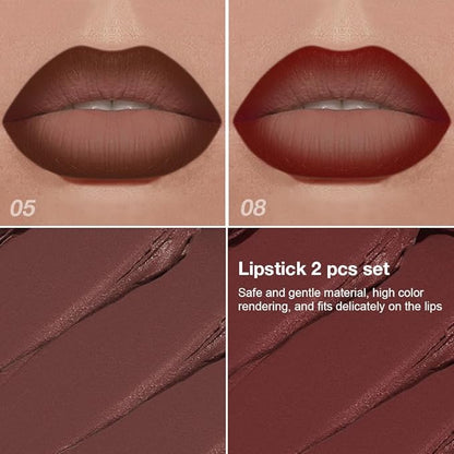 BINGBRUSH 2-in-1 Gradient Dark Brown Lip Liner Matte Lipstick, Longwear Waterproof Lip Pencil with Cone Tip, Crayon for Flawless Ombre Contour, Women's Long Lasting Makeup Set(05#&08)