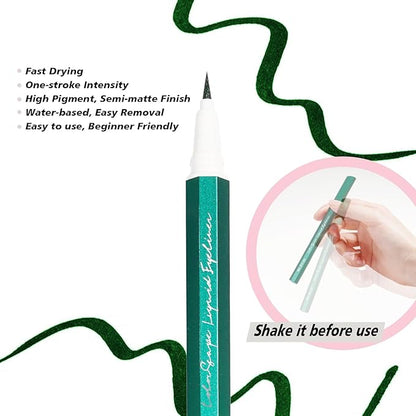 Liquid Eyeliner, Green Eyeliner, Long Lasting & Fast Drying Colored Green Eye Liner Pen, Felt Tip Applicator for Precise Application, Water Removable, (Matcha Mystique)