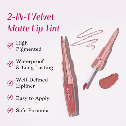 bayfree 2-IN-1 Lip Liner and Lip Stain, High Pigmented Long Lasting Velvet Lip Tint, Well-Defined Lipliner, Weightless Waterproof Not Animal Tested, Matte Finish Makeup