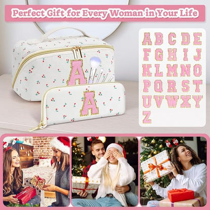 Personalized Travel Makeup Bag Set,Initial Travel Cute Cherry Makeup Organizer Bag,Toiletry Skincare Cosmetic Bag,Christmas Gifts for Women/Girls,Open Flat Toiletry Pouch with Brush Pocket-I