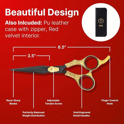 H&S GoldBlack Series Professional Hair Cutting Scissors | Premium Japanese Stainless Steel | 6.5” Hair Shears, Barber Accessories & Hair Salon Supplies | Beard & Moustache Grooming