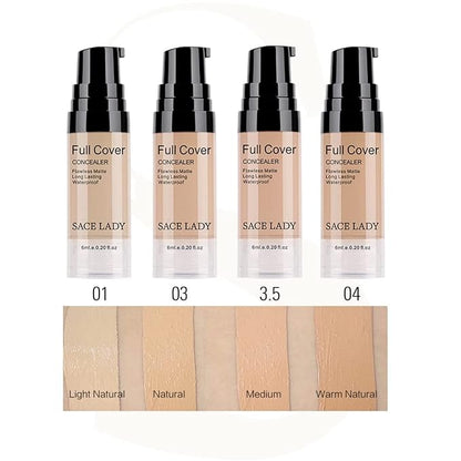 Waterproof Full Coverage Concealer With Primer Sponge Set, Smooth Matte Flawless Creamy Liquid Foundation Corrector Makeup Kit for Face Eye Dark Circles Spot Acne Scar Cover (0.2Fl, Natural)