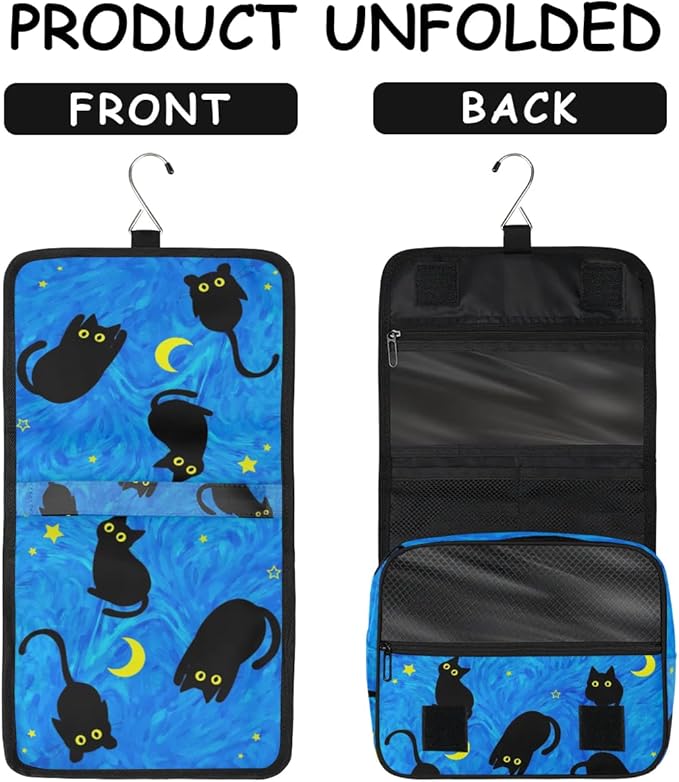 Cute Cat Travel Toiletry Bag with Hanging Hook for Women and Girls, DeepSkyBlue Cosmetic Makeup Case Organizer for Accessories, Shampoo, Full Sized Container, Toiletries
