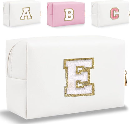 Small Personalized Letter Makeup Bag, Cute PU Leather Chenille Letters Cosmetic Bag Travel Makeup Pouch, Preppy Travel Organizer Zipper Pouch for Women&Girls（White-E）