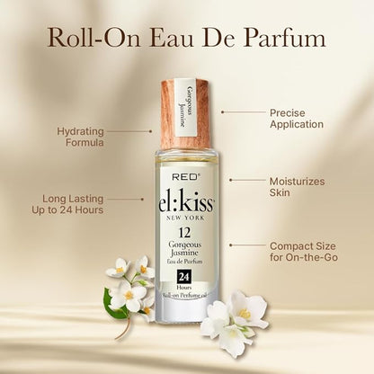 EL:KISS Roll On Perfume, Gorgeous Jasmine Inspired by Guc. Flora Eau de Parfum 12mL (.40 Fl Oz), Hydrating & Long-Lasting, Alcohol-Free & Mineral Oil-Free, Infused With Jojoba, Argan & Coconut Oil