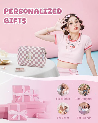 Narwey Birthday Gifts for Teen Girls Kids Women Personalized Initial Checkered Makeup Bag Pink Monogram Cosmetic Bag Trendy Stuff 6 8 10 11 12 13 14 16 18 Years Old Travel Toiletry Bag (Dusty Rose J)