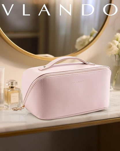 Vlando Makeup Bag,Large Capacity Travel Toiletry Bag,Cosmetic Bags for Women PU Leather Waterproof Portable Pouch with Divider & Handle-Pink