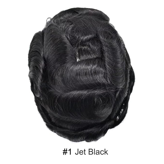 FACE MIRACLE Lace Front Mens Toupee Human Hair System Swiss Lace Center Toupee for Men Thin Skin PU Around Hair Replacement System V-Looped Mens Hair Wig Units 6"X8" 1#JET BLACK