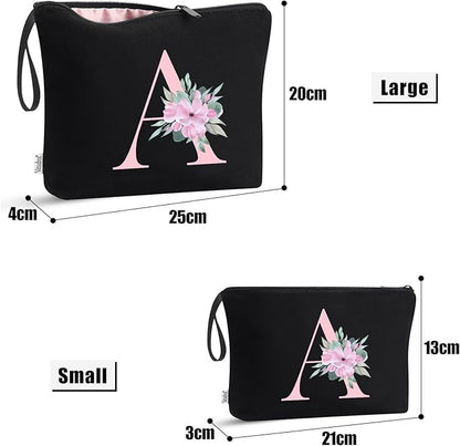 Vavabox A-Z Personalized Makeup Bag, Birthday Gifts for Women Mom, Gifts for Best Friend, Bride Bridesmaid Cosmetic bag (K, 04-Black Set)