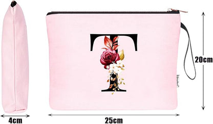 Vavabox A-Z Personalized Makeup Bag, Birthday Gifts for Women Mom, Gifts for Best Friend, Bride Bridesmaid Cosmetic bag (T, Pink)