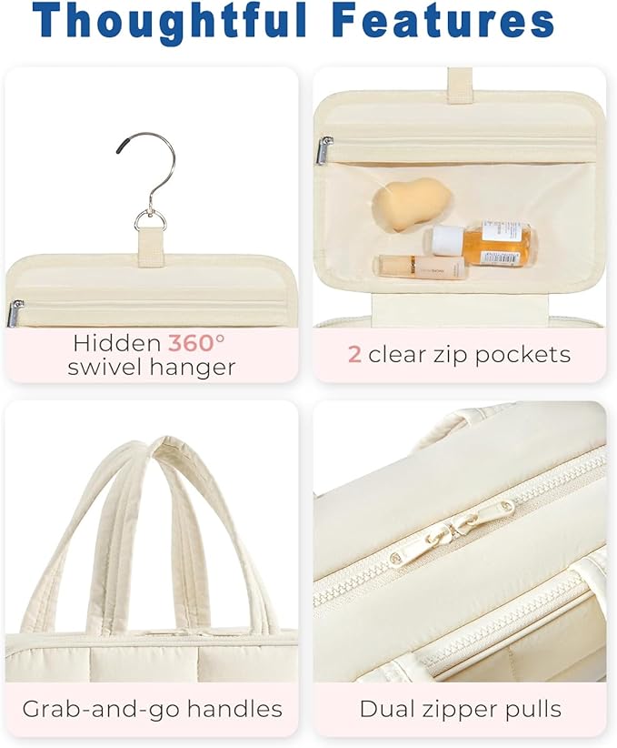 Inmorven Travel Hanging Toiletry Bag for Women, Makeup Cosmetic Bag with Jewelry Organizer, Waterproof DoppKit Set for Girls Large Capacity, Carry-on Travel Accessories Essentials - White