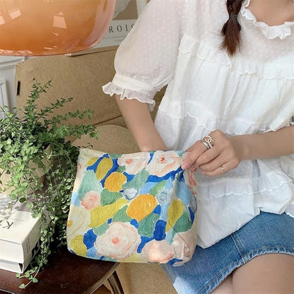 PAZIMIIK Floral Makeup Bag Large Cotton Zipper Pouch for Purse Travel Canvas Make Up Organizer for Women Cosmetic,Garden Blue