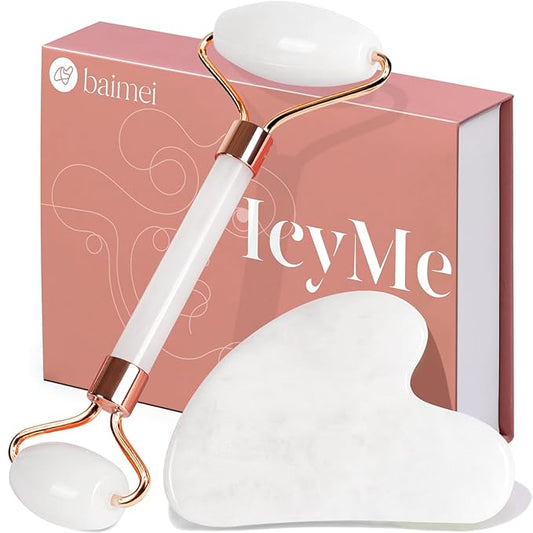 BAIMEI IcyMe Jade Roller & Gua Sha Set Face Roller and Gua Sha Facial Tools for Skin Care Routine and Puffiness, Self Care Gift for Men Women - White