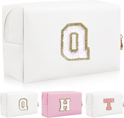 Personalized Initial Letter Patch Makeup Bag, Preppy Portable Chenille Cosmetic Bag with Zipper, PU Leather Waterproof Travel Toiletry Bag Monogram Make Up Pouch for Women Girls