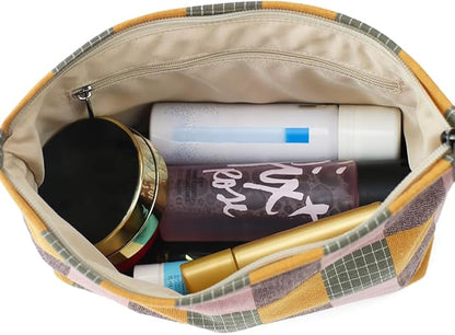 Plaid Cloth Makeup Bag - Large Capacity Travel Cosmetic Pouch & Toiletry Organizer with Zipper, Stylish Make Up Organizer for Daily Use,Gift for Women