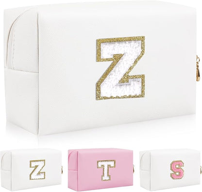 Personalized Initial Letter Patch Makeup Bag, Preppy Portable Chenille Letter Cosmetic Bag with Zipper, PU Leather Waterproof Travel Toiletry Bag Monogram Make Up Pouch for Women Girls(Letter Z)