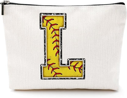 Monogrammed Cosmetic Bag - Initial Makeup Bag with Letter L Zipper Pouch - Softball Accessories for Girls & Women - Graduation & Birthday Gifts