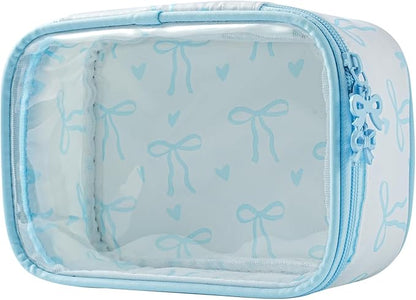 Cute Clear Makeup Bag with Bow Pattern,Transparent Nylon Travel Cosmetic Case with Zipper,Portable Makeup Organizer Pouch for Essentials(02Blue)