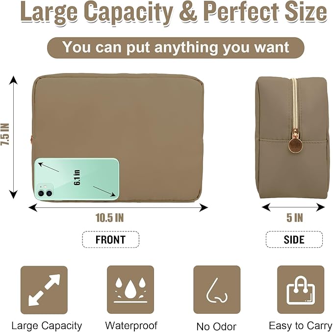 Nylon Large Makeup Bag Travel Pouch for Women, Preppy Big Makeup Bag Cute Cosmetic Zipper Pouch Purse, DIY Chenille Letter Bag Waterproof Toiletry Bag Clutch Make Up Organizer for Women Girls(Khaki)