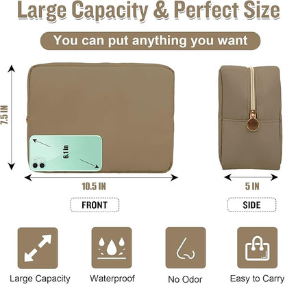 Nylon Large Makeup Bag Travel Pouch for Women, Preppy Big Makeup Bag Cute Cosmetic Zipper Pouch Purse, DIY Chenille Letter Bag Waterproof Toiletry Bag Clutch Make Up Organizer for Women Girls(Khaki)