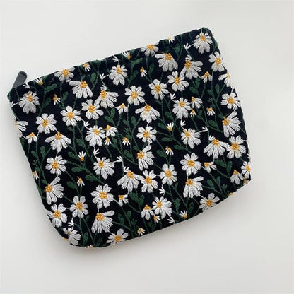 Makeup Bags for Purse Zipper Cosmetic Pouch Large Travel Canvas Make Up Organizer Tool Pouch for Women and Girls,Daisy Black