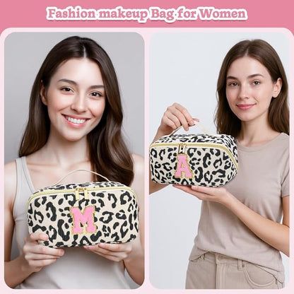 Personalized Travel Makeup Bag Set,Initial Travel Cute Leopard Makeup Organizer Bag,Toiletry Skincare Cosmetic Bag,Christmas Gifts for Women/Girls,Open Flat Toiletry Pouch with Brush Pocket-R