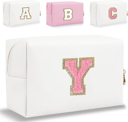 Small Personalized Letter Makeup Bag, Cute PU Leather Chenille Letters Cosmetic Bag Travel Makeup Pouch, Preppy Travel Organizer Zipper Pouch for Women&Girls（WhitePink-Y）