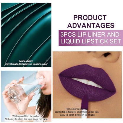 evpct 3Pcs Dark Black Green Purple Matte Lip Liner and Liquid Lipstick Lip Stain Sets for Women Long Lasting Waterproof, 24 Hours Goth Lipstick labiales matte mate larga duracion listip 24 hours, 19#