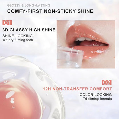 JUDYDOLL Ice Watery Lip Gloss- Long Lasting & Transfer-Proof, Infused with 86% Essence with Ice Iron Applicator, Non-Sticky Glossy Finish for Daily Wear, Mirror Lip Glazes, Moisturizing Plumping Gloss
