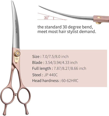 Fenice Peak Professional Curved Dog Grooming Scissors 8'' Rose Gold 440C Stainless Steel Pet Cutting Shears Safety Trimming Shearing for Dogs Cats