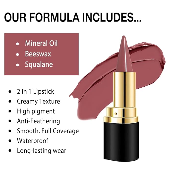 evpct 3Pcs Mauve Antique Dusty Rose Nude Pink Gradient Matte Lipstick Lip Liner Crayon Combo Pencil Set for Women Long Lasting, Cream Lip Liner and Lipstick Combo Makeup，Flawless Gradual Ombre Effect