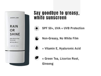 RAIN OR SHINE Anti Aging Face Sunscreen SPF 50 for Clear Skin w/Green Tea, Hyaluronic Acid, Vitamin E Oil, Ginseng, Licorice Root – SPF Moisturizer for Face & Body (Fragrance-Free, 2.03 Fl Oz, 4 pack)