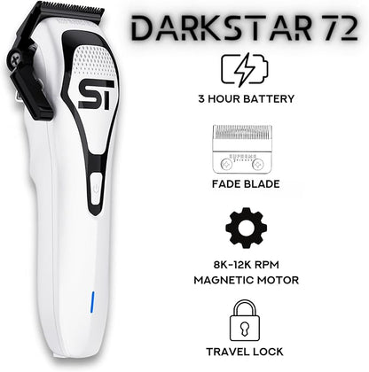Supreme Trimmer Darkstar 72 Clipper with Magnetic Vector Motor | 180 Min Run Time, 9000 RPM Barber Hair Clipper | Low Noise, Professional Clipper DLC Blades | STC72