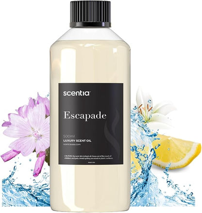 Scentia Hotel Diffuser Oil Inspired by 5-Star Hotel Scent - 500 ml 16.9 fl oz - Fragrance Oil Blend Botanical Jasmine & Marine Notes for Aromatherapy Diffusers - Escapade, Thanksgiving Gift