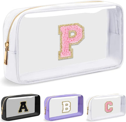 Personalized Initial Letter Clear Makeup Bag,Preppy Small Nylon&PVC Cosmetic Zipper Bag with Chenille Letter,Travel Skincare Toiletry Bag,Monogram Christmas Gift for Teen Girls Women,P