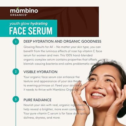 Mambino Organics Youth Glow Hydrating Serum, Vitamin C Face Serum with Marula, Rosehip Oil, Revitalizing Skin, Fades Dark Spots, Smooths Texture, Organic, Vegan, Skin Care, 1 fl oz, 3-Pack