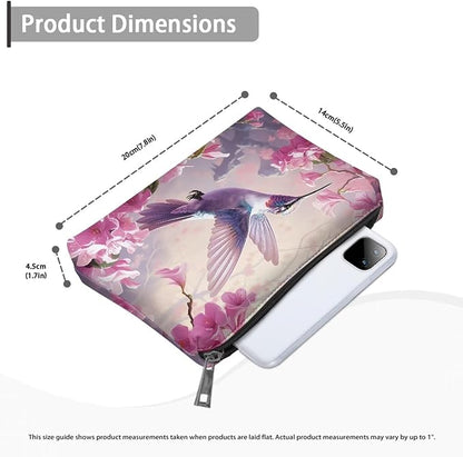 COEQINE Pink Makeup Bag for Women Leather Cosmetic Wallet Pink Hummingbirds Floral Print Cosmetic Purse for Wedding Birthday Party Cute Portable Cell Phone Case