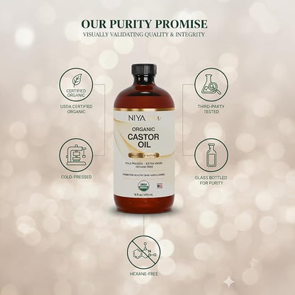 Niyavera Organic Castor Oil USDA Certified 16oz - 100% Pure Golden Cold Pressed Unrefined Hexane Free for Hair Growth, Eyelashes, Eyebrows, Skin - Glass Bottle with Pump