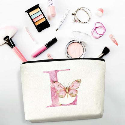 Initial Makeup Bag Pink Butterfly L Personalized Cosmetic Bag Monogrammed Gifts for Women Girls Aunt Bridesmaid Monogram Zipper Pouch for Friendship Mothers Day Birthday Wedding Bridal Shower Gifts