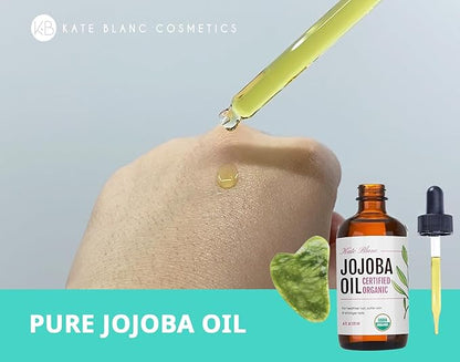 Kate Blanc Cosmetics Jojoba Oil for Hair, Skin & Face with Gua Sha Stone Kit. Gua Sha Oil for Face Massage (4oz, Organic, 100% Pure, Natural)