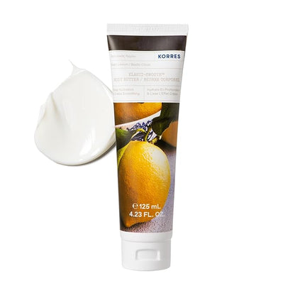KORRES Elasti-Smooth Basil Lemon Body Butter With Shea Butter, Squalane And Greek Safflower Oil For Velvety Skin Texture, Fast Absorbing Whipped Moisturizer With Herbal Citrus Scent, 4.23 Fl Oz