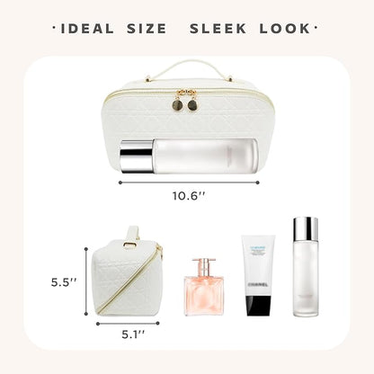 Travel Makeup Bag – Large Cosmetic Organizer with Waterproof PU Leather, Smooth Double Zipper & Tear-Resistant Lining, Toiletry Pouch for Women (White)