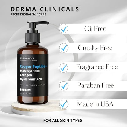 Copper Peptide + Matrixyl 3000, Collagen, Hyaluronic Acid Serum for face, Multi Peptide Firming and Plumping Serum, Anti-Wrinkle, Anti-Aging Face Serum - 8oz