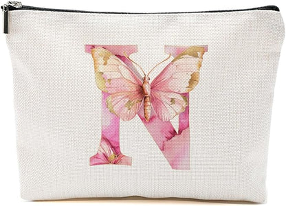 Initial Makeup Bag Pink Butterfly N Personalized Cosmetic Bag Monogrammed Gifts for Women Girls Niece Bridesmaid Monogram Zipper Pouch for Friendship Mothers Day Birthday Wedding Bridal Shower Gifts