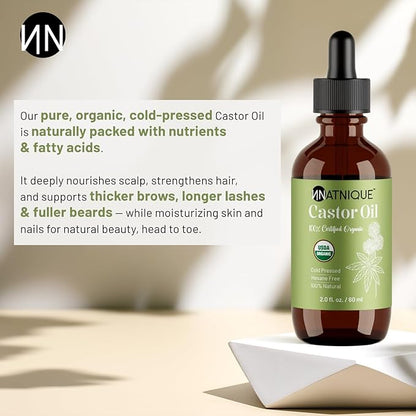 Natnique Castor Oil 2oz – USDA Certified Organic, 100% Pure Cold Pressed Unrefined Oil for Hair Growth, Eyelashes, Eyebrows & Scalp – Natural Skin Moisturizer, Lash Serum & Hair Treatment