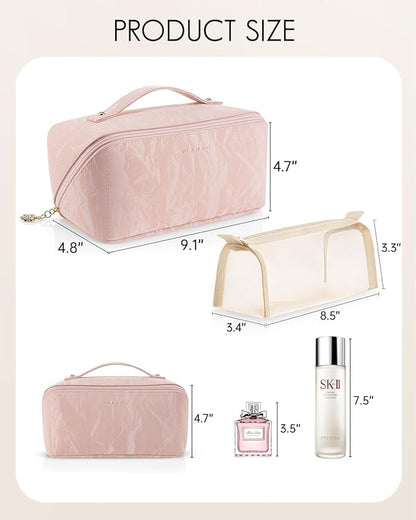 Vlando Makeup Bag,Large Capacity Toiletry Bag for Women Waterproof Portable Make up Pouch PU Leather Open Flat Cosmetic Bag(Sand Pink)