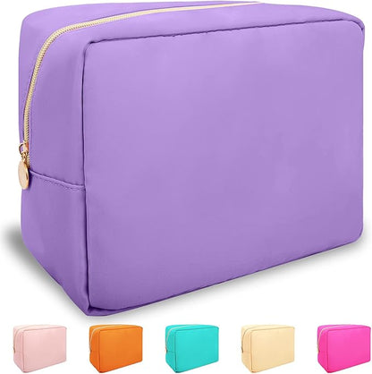 Nylon Large Makeup Bag Travel Cosmetic Bag Pouch, Preppy Big Makeup Bag Cute Cosmetic Zipper Pouch Purse, Waterproof Toiletry Bag Clutch Makeup Organizer Travel Essentials for Women Men Girls(Purple)